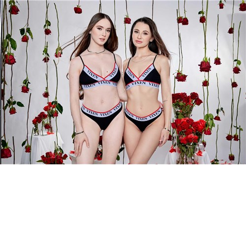 Two brunette females posed wearing lingerie displaying cleavage