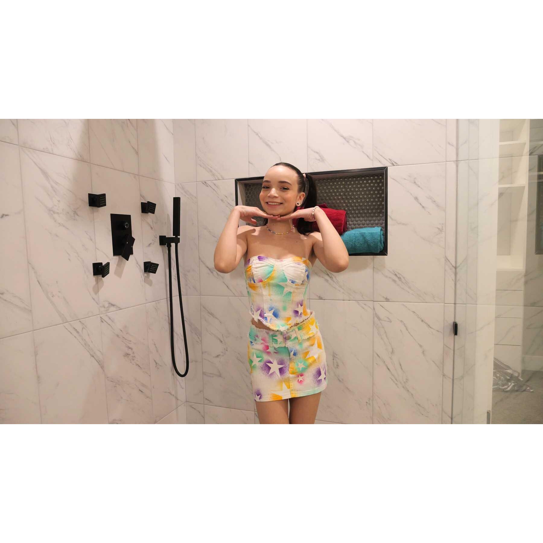 Brunette female posed wearing tight dress frontal view